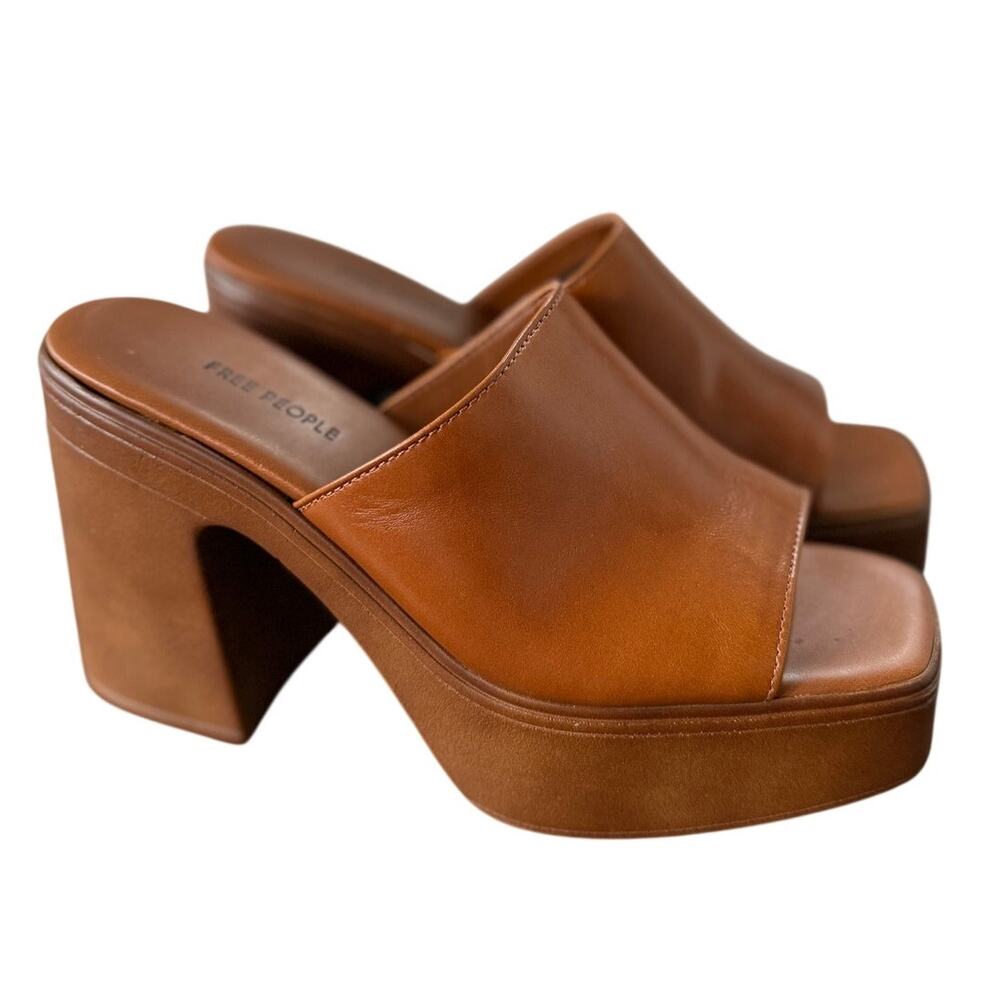Free People Zoe Brown Leather Chunky Platform Mule Slide 70s Boho Festival